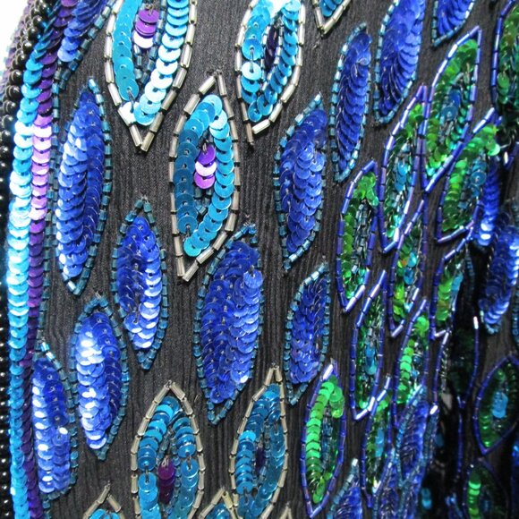 Vintage Sequin Embellished Peacock Jacket Art Deco Blue Green Purple - Picture 8 of 11